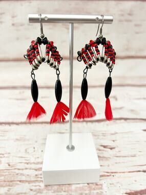Handmade Beaded Headdress Earrings Red & Black War Bonnet Dangle Boho